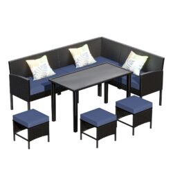 7 Piece Outdoor Furniture Set Waterproof Cushions Glass Table Space Saving - Blue