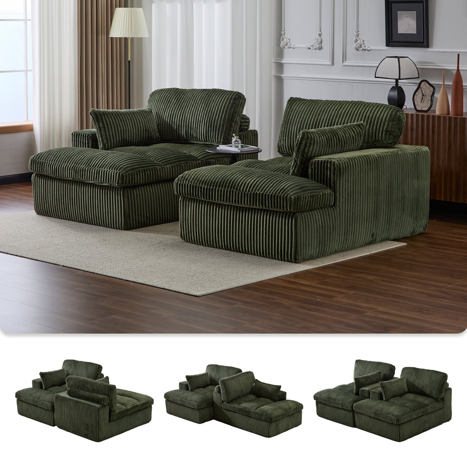 Double Chaise Lounge Chair Indoor, Oversized Upholstered Sleeper Cloud Couch, Deep Seat Sofa Bed - Green - Image 4