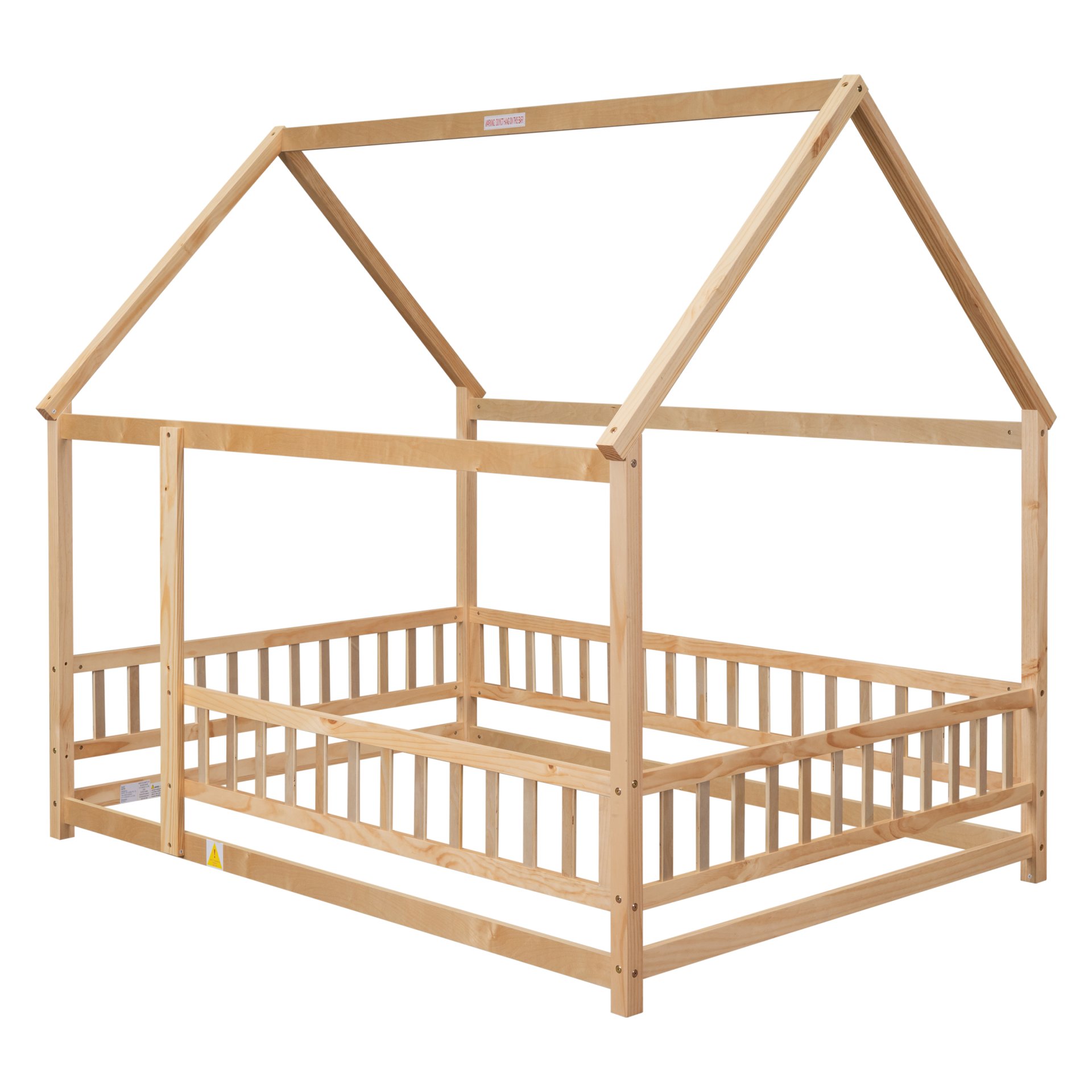 Full Size Floor Wooden Bed With House Roof Frame, Fence Guardrails - Nartural - Image 9