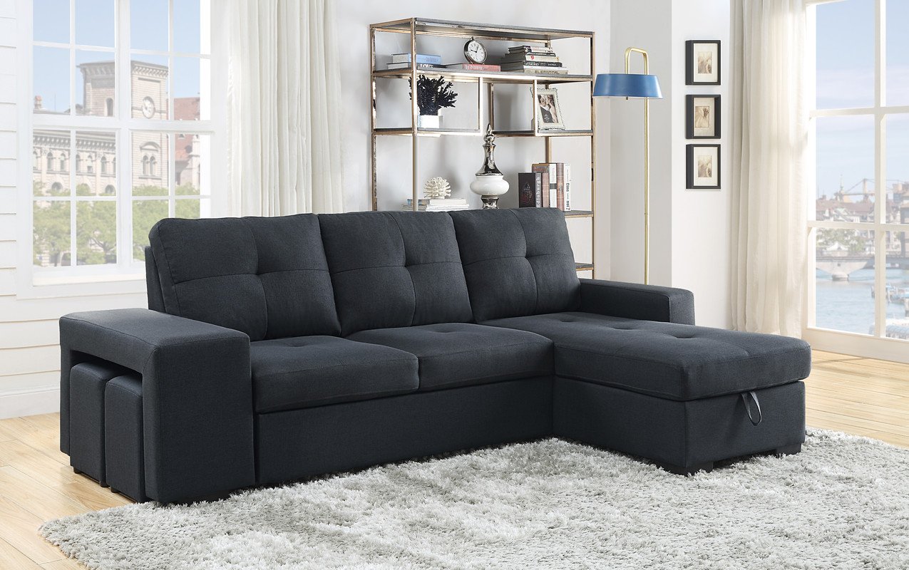 Lucas - Linen Sleeper Sectional Sofa With Reversible Storage Chaise - Dark Gray - Image 2
