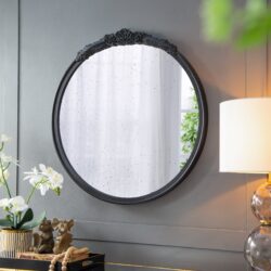 Round Hand Carved Rose Antique Mirror Frame, Wall Mirror For Live Space, Bathroom, Entryway Wall Decor - Black