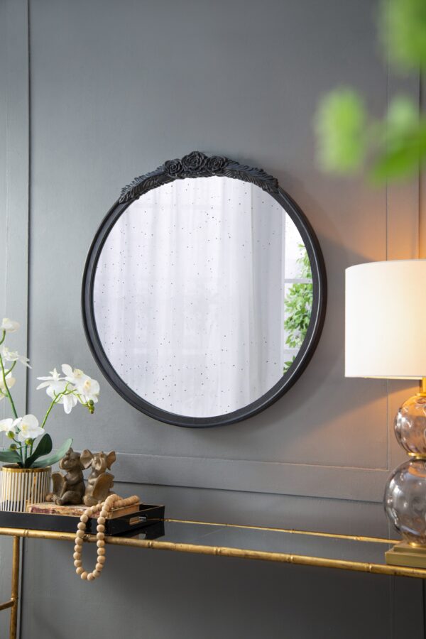Round Hand Carved Rose Antique Mirror Frame, Wall Mirror For Live Space, Bathroom, Entryway Wall Decor - Black