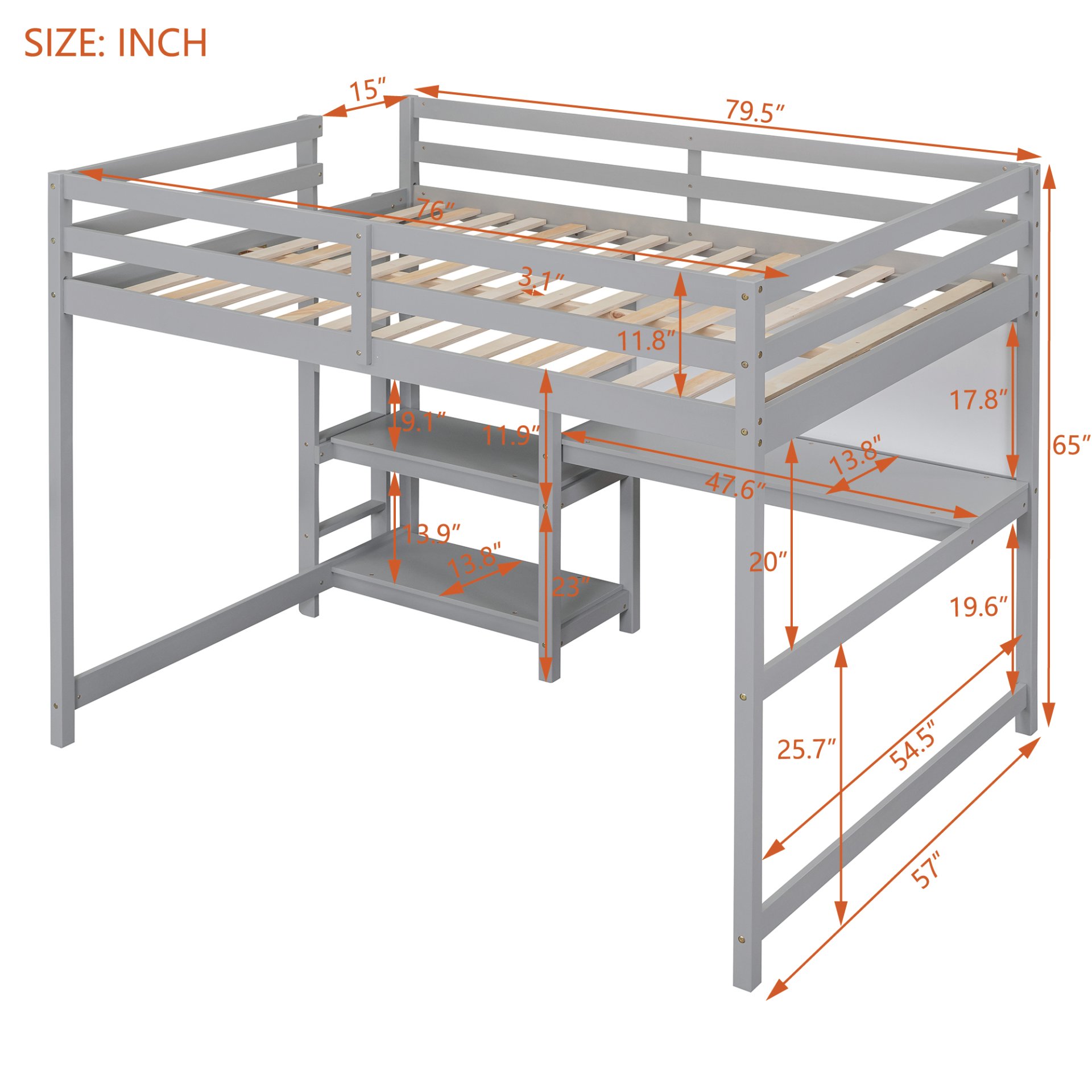 Full Size Loft Bed With Shelves, Desk And Writing Board - Gray - Image 3