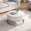 Modern Round Coffee Table With Drawers, Faux Marble, Metal Frame - Off White - Image 3