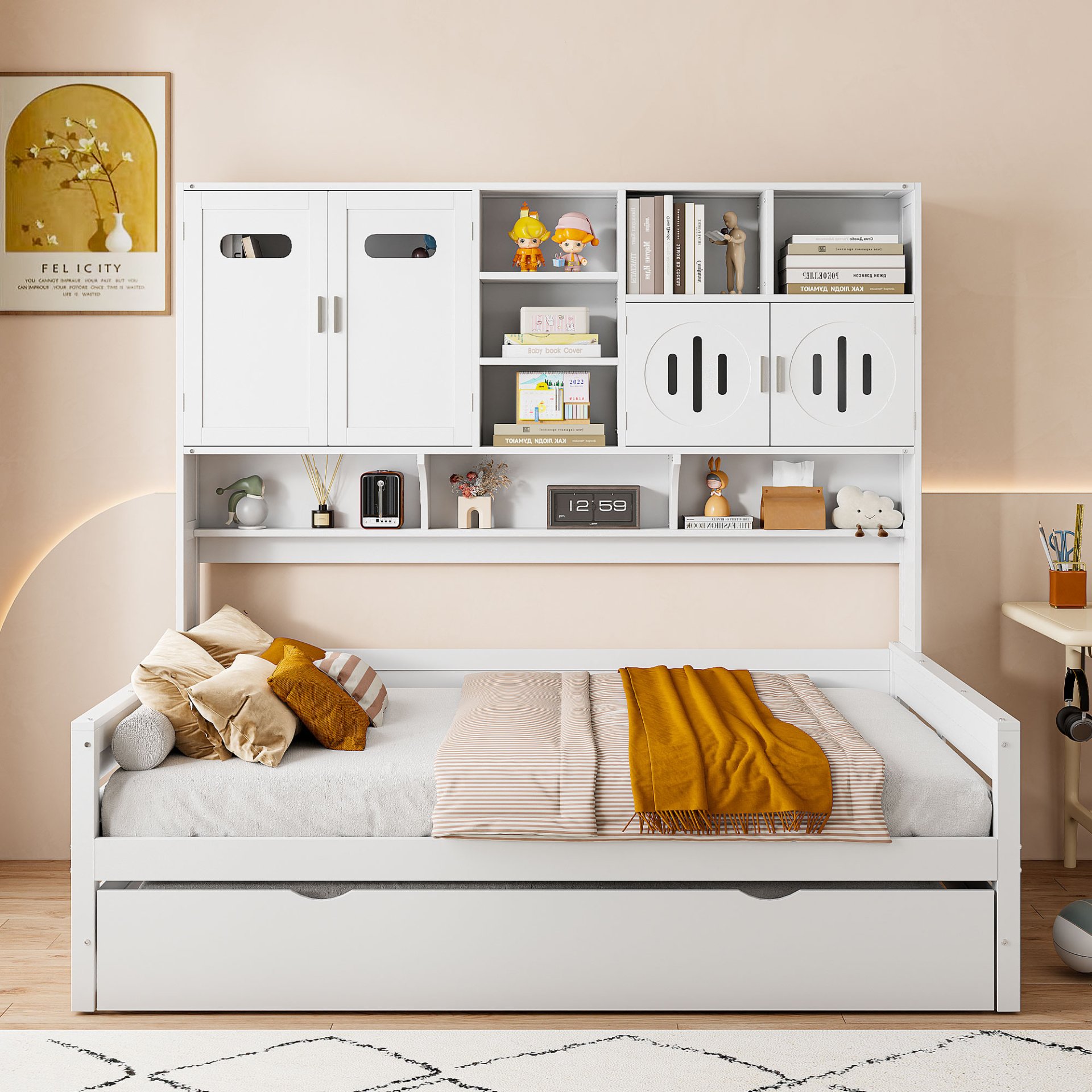 Full Size Wooden Daybed With Twin Size Trundle, And All In One Cabinet And Shelf - White - Image 2
