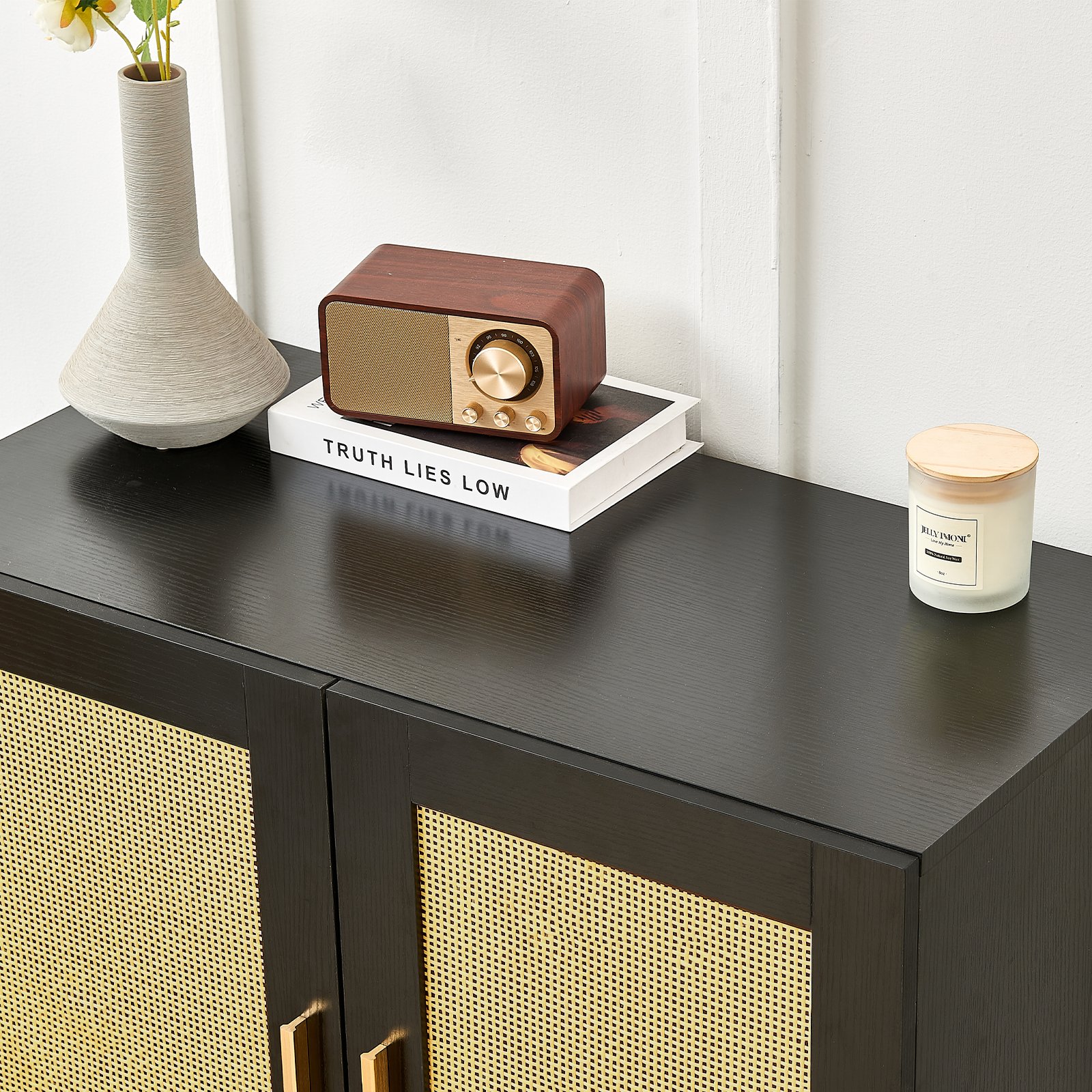 Side Panel Buffet Cabinet With Natural Rattan Door, Rattan Storage Cabinet With Adjustable Shelves, Side Panel And Buffet With Storage Space, Modern Console Cabinet In Bedroom And Living Room - Black / Beige - Image 2