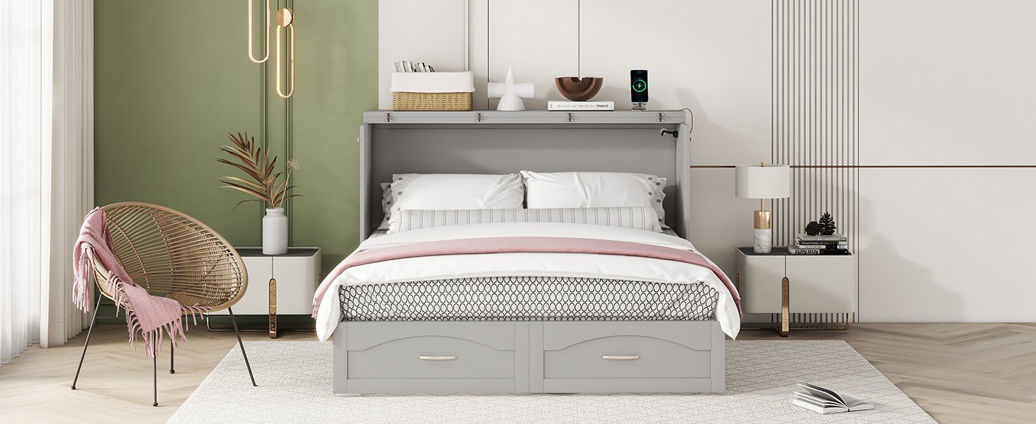 Queen Size Murphy Wall Bed With Drawer And A Set Of Sockets & USB Ports, Pulley Structure Design - Gray - Image 17