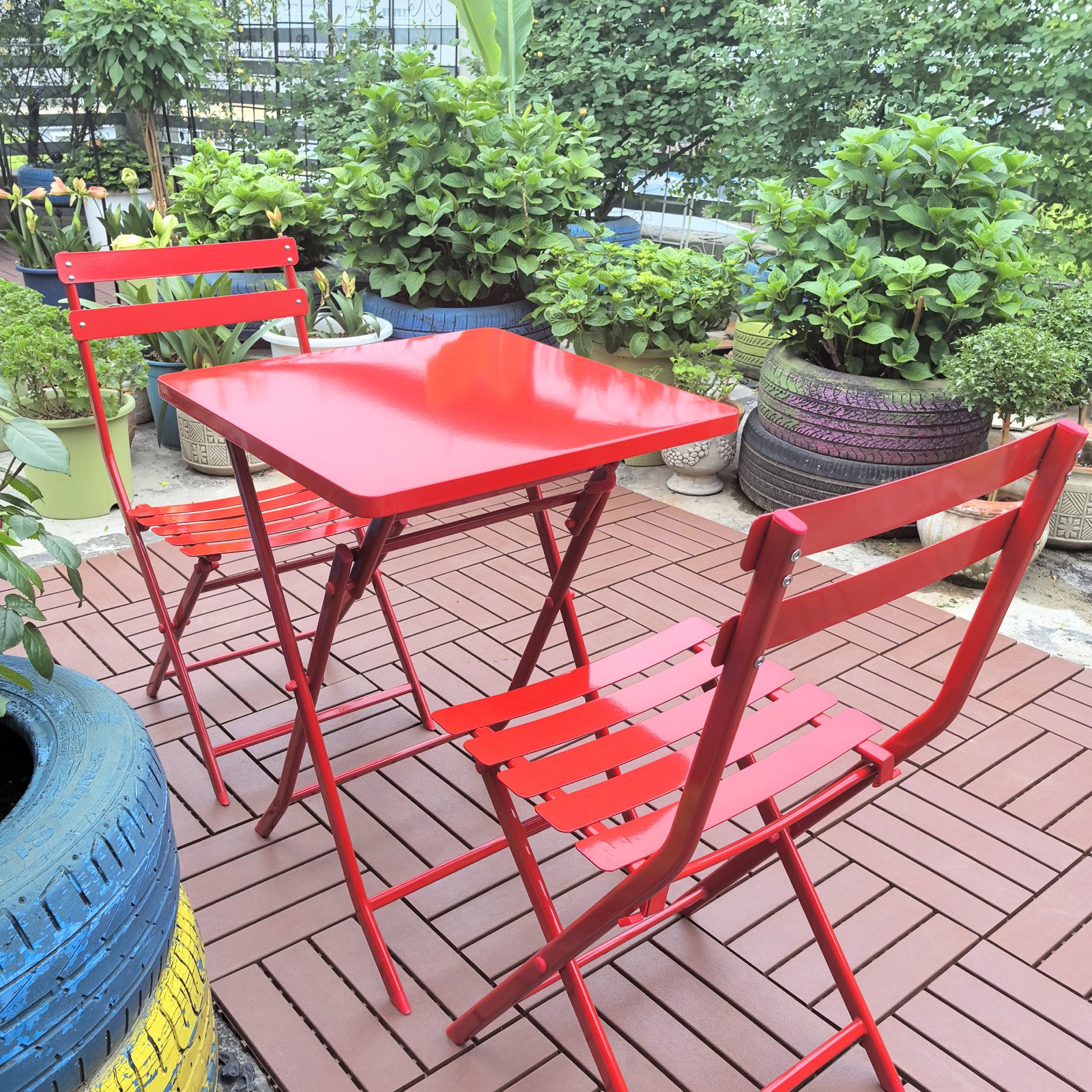 3 Piece Patio Bistro Set Of Foldable Square Table And Chairs - Red - Image 8