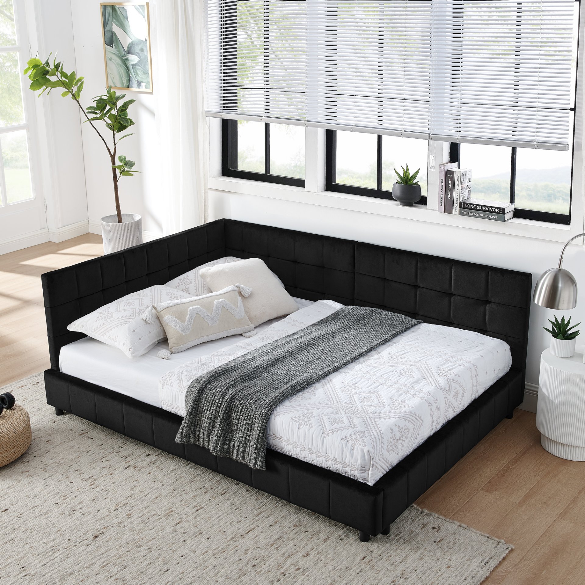 Mid Century Full Size Upholstered Tufted Bed Frame & Comfortable Backrest And Armrests Velvet - Black - Image 2
