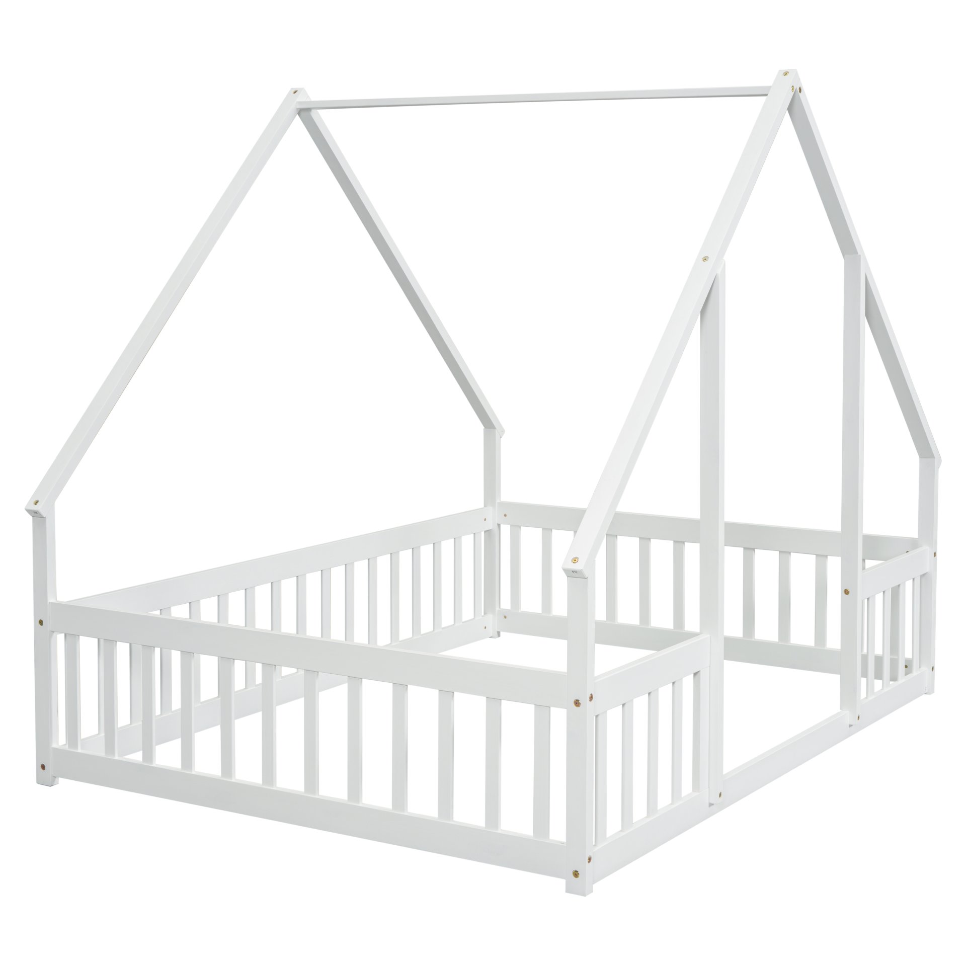 Full Wood House-Shaped Floor Bed With Fence, Guardrails - White - Image 16