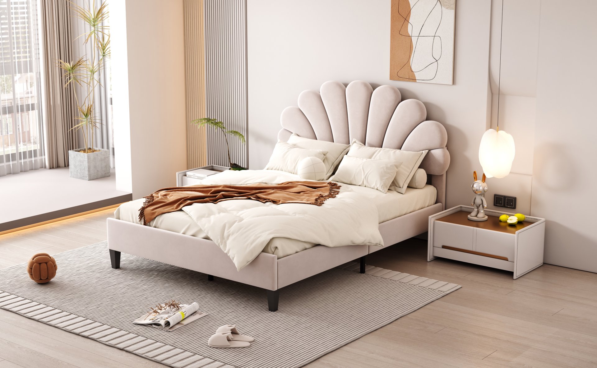 Full Size Upholstered Platform Bed With Flower Pattern Headboard - Beige - Image 14