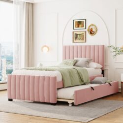 Twin Size Upholstered Platform Bed With Twin Size Trundle - Pink