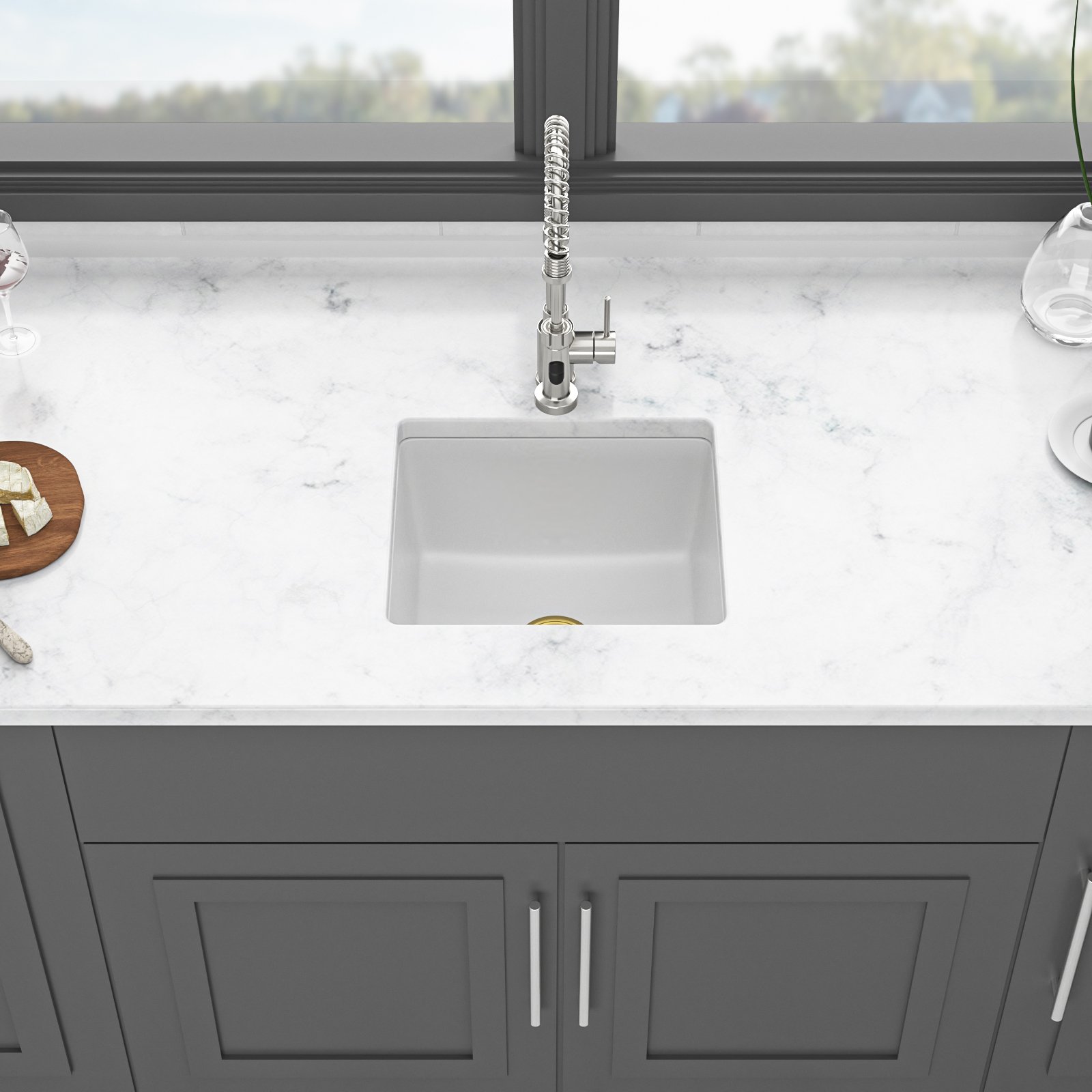 17.71" X 15.74" Elegant Quartz Kitchen Sink Undermount Granite Composite - White - Image 5