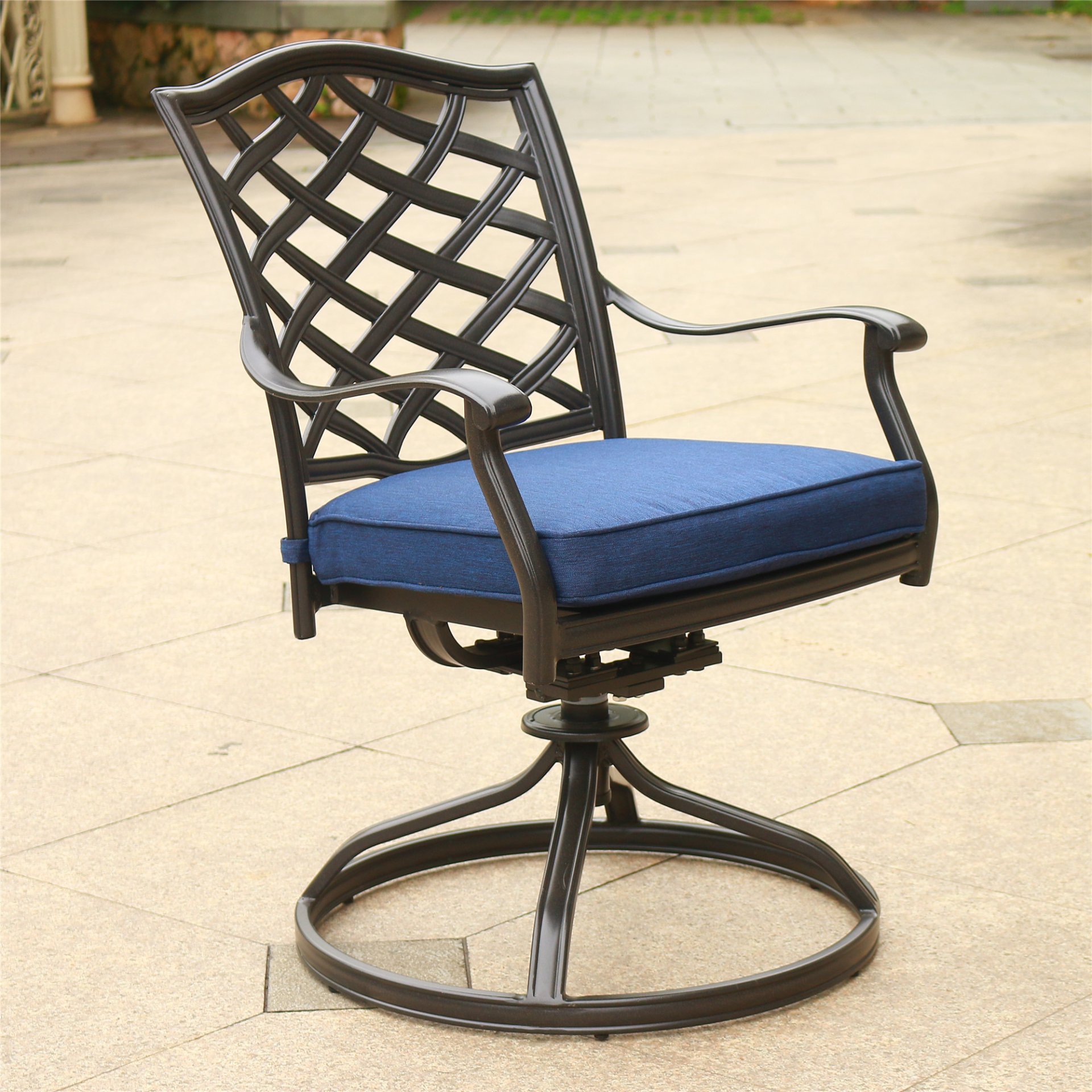 Outdoor Patio Aluminum Swivel Rocker Dining Chair With Cushion (Set of 2) - Navy Blue - Image 3