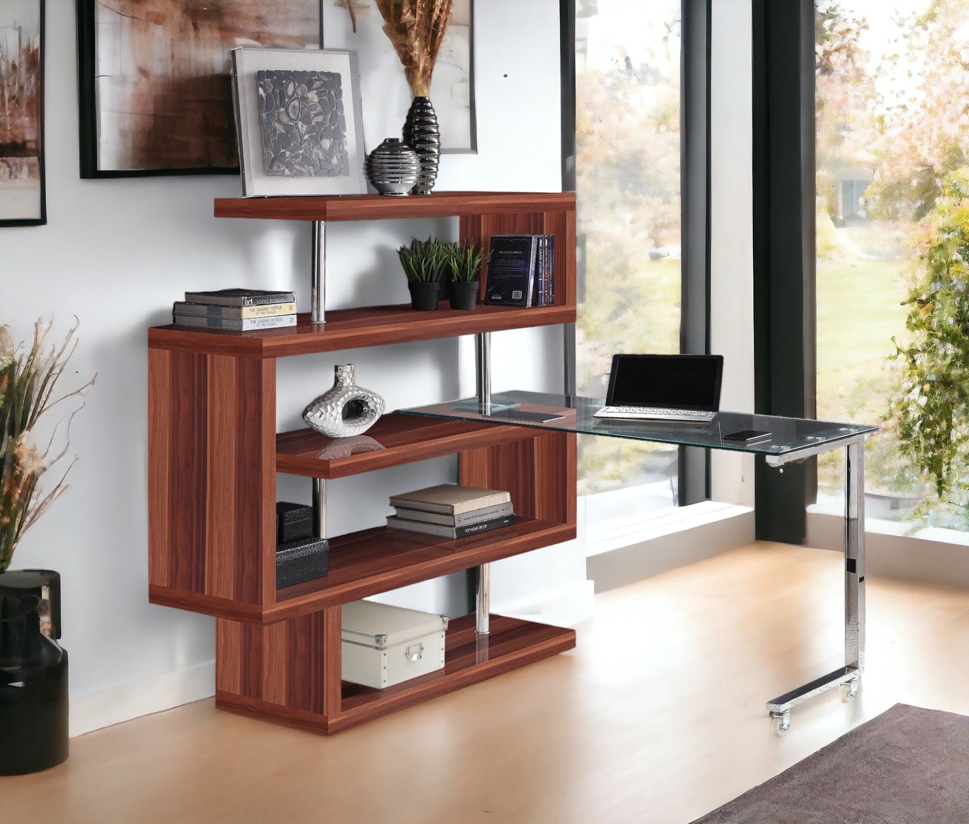 Buck II - Clear Glass, Chrome High Gloss Writing Desk With Shelf - Walnut - Image 6