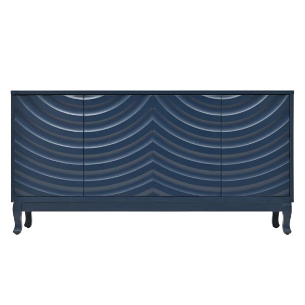 Elegant Sideboard With Sophisticated Wavy Pattern Doors And Arched Groove Design, Adjustable 4 Door Layout - Navy Blue