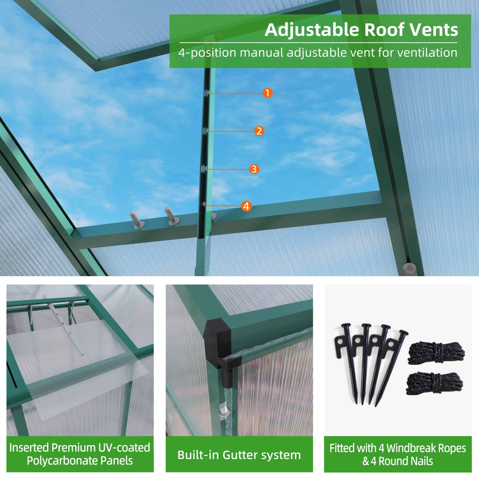 Newly Marketed Gain Height Windproof Aluminum Greenhouse 6 X 10 Ft Polycarbonate Greenhouse Raised Base And Anchor Aluminum Heavy Duty Walk - In Greenhouses For Outdoor Backyard In All Season - Green - Image 4