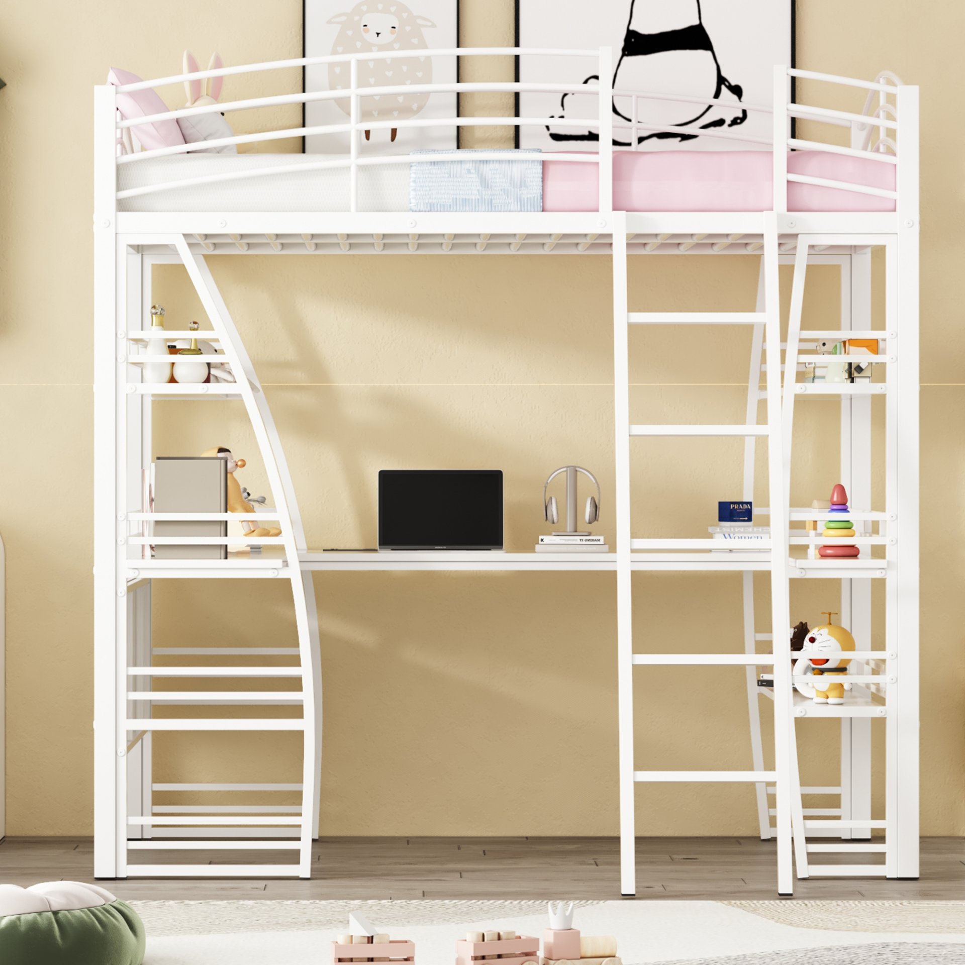 Twin Size Loft Bed With 4 Layers Of Shelves And L-Shaped Desk, Stylish Frame With A Set Of Sockets, USB Ports And And Wireless Charging - White - Image 2