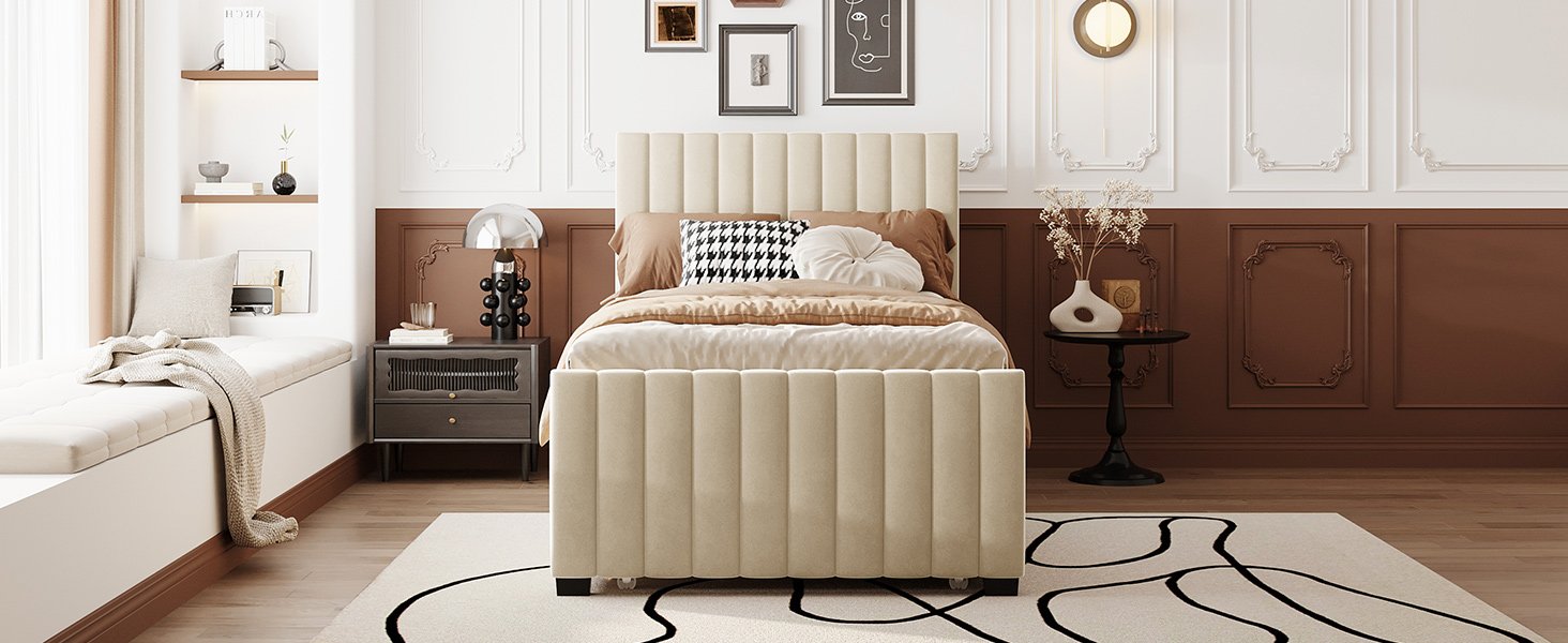 Twin Size Upholstered Platform Bed With Twin Size Trundle - Beige - Image 12