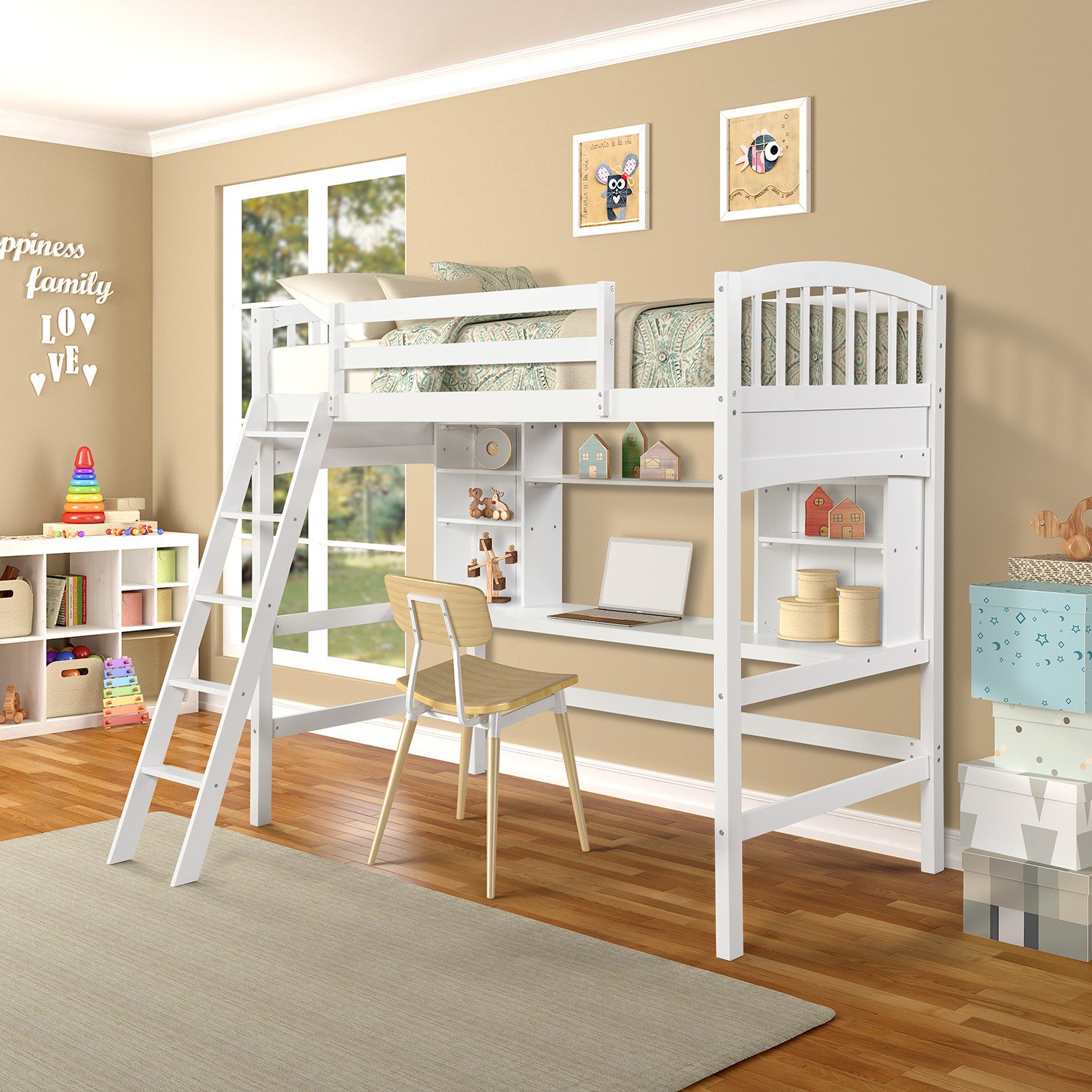 Twin Size Loft Bed With Storage Shelves, Desk And Ladder - White - Image 5