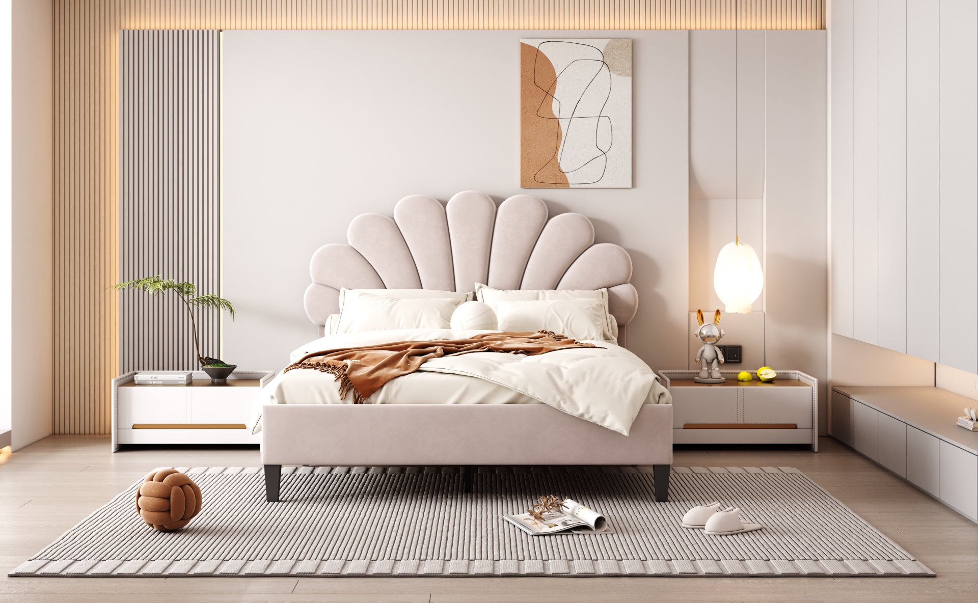 Full Size Upholstered Platform Bed With Flower Pattern Headboard - Beige - Image 13