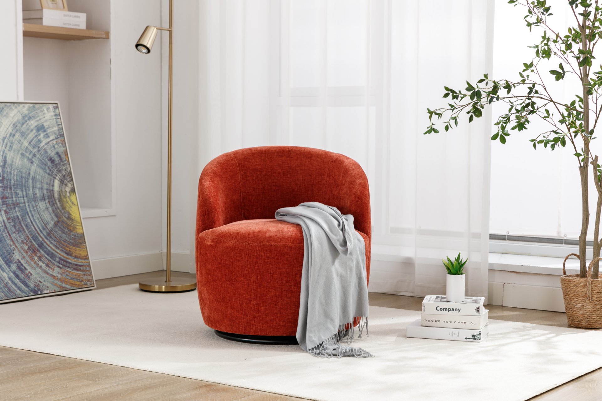 Chenille Fabric Swivel Accent Armchair Barrel Chair With Black Powder Coating Metal Ring - Orange - Image 8