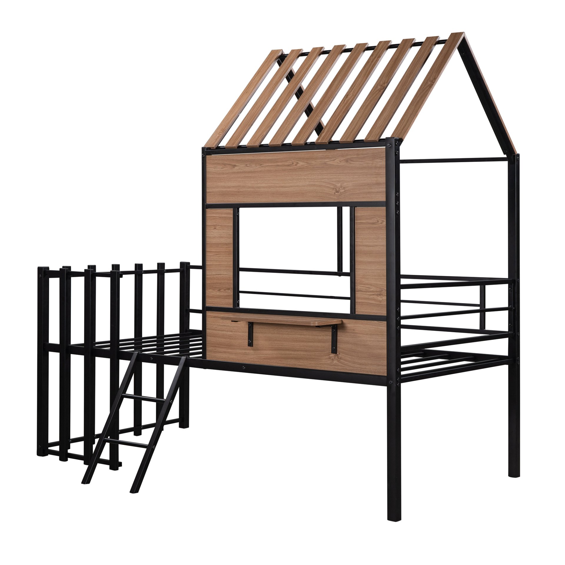 Twin Size Loft Bed With Roof, Window, Guardrail, Ladder - Black - Image 5