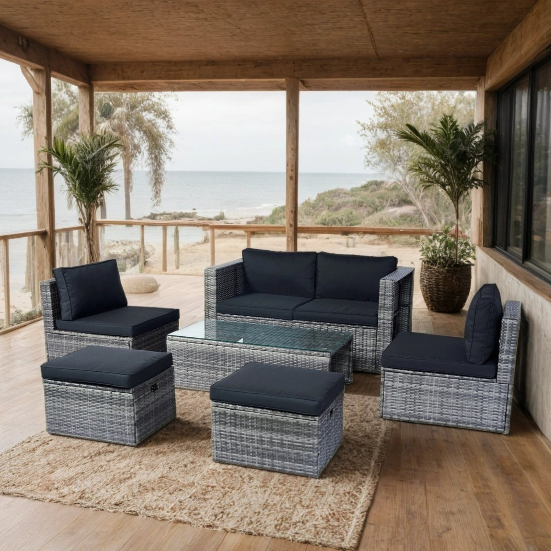 6 Piece Patio Wicker Sectional Set Patio Backyard Conversation Set Space Saving - Gray / Black - Image 4