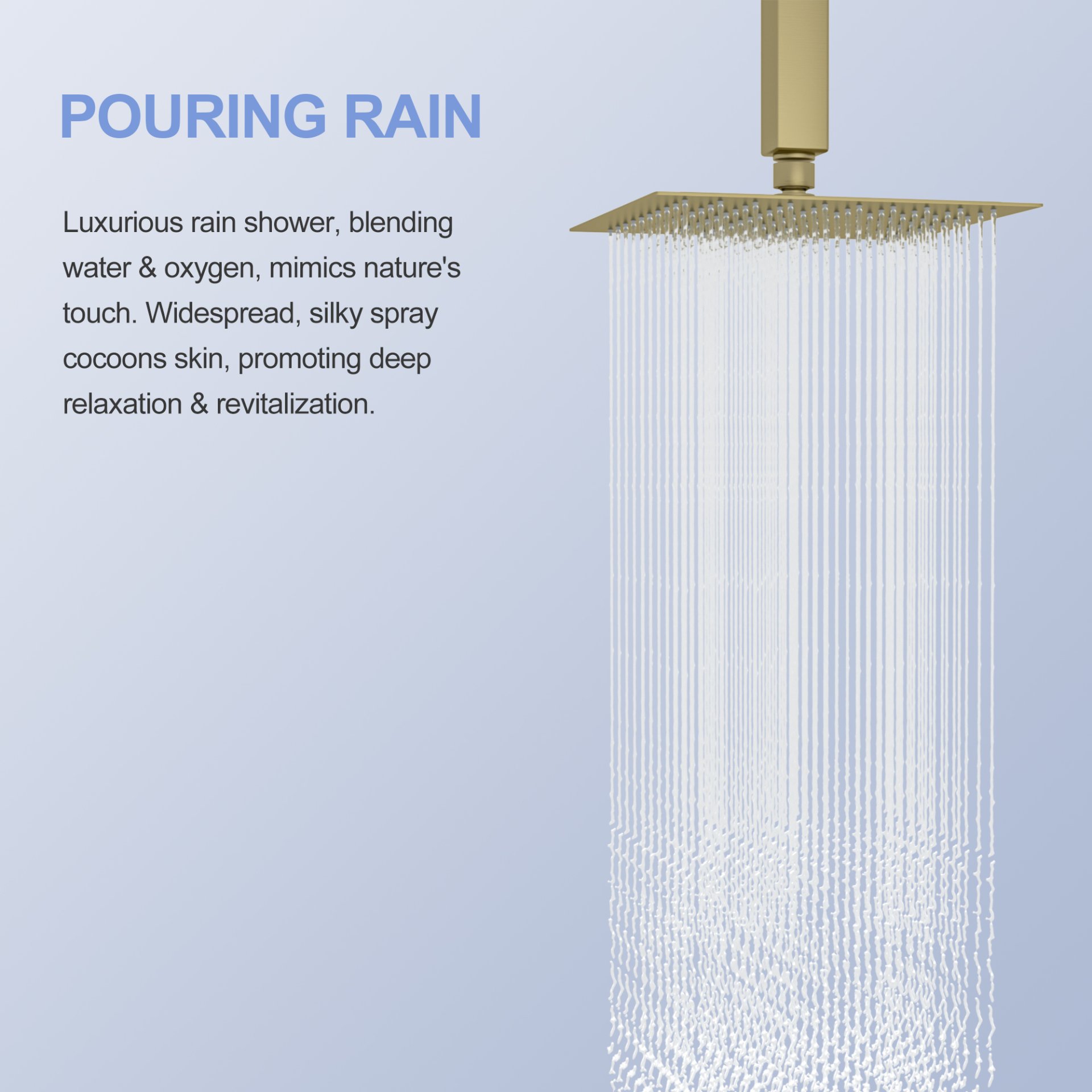 8" Stainless Steel Square Rainfall Shower Head Wall & Ceiling Mount With Self Cleaning Nozzles & Full Body Coverage - Gold - Image 6