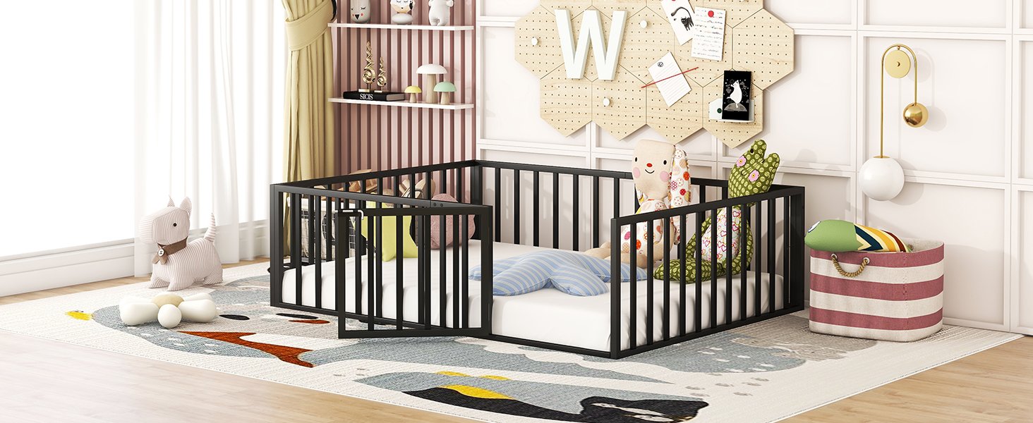 Full Size Floor Bed Frame With Fence And Door - Black - Image 16