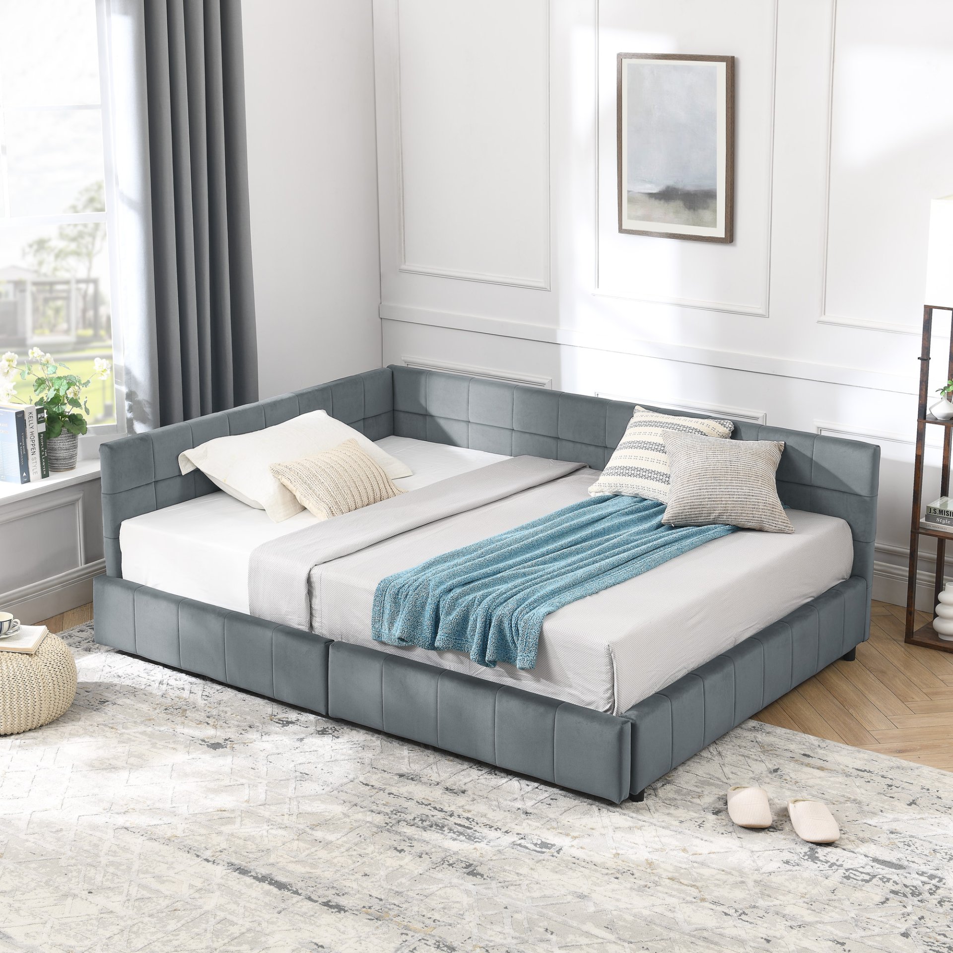 Mid Century Upholstered Tufted Full Size Storage Bed Frame With Backrest And Armrests - Gray - Image 8