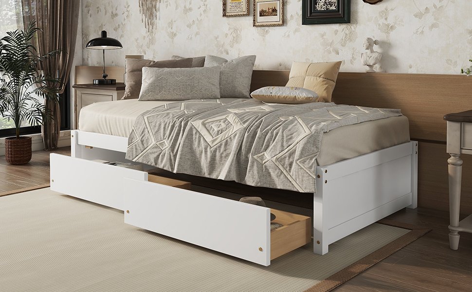 Twin Bed With 2 Drawers, Solid Wood, No Box Spring Needed - White - Image 4
