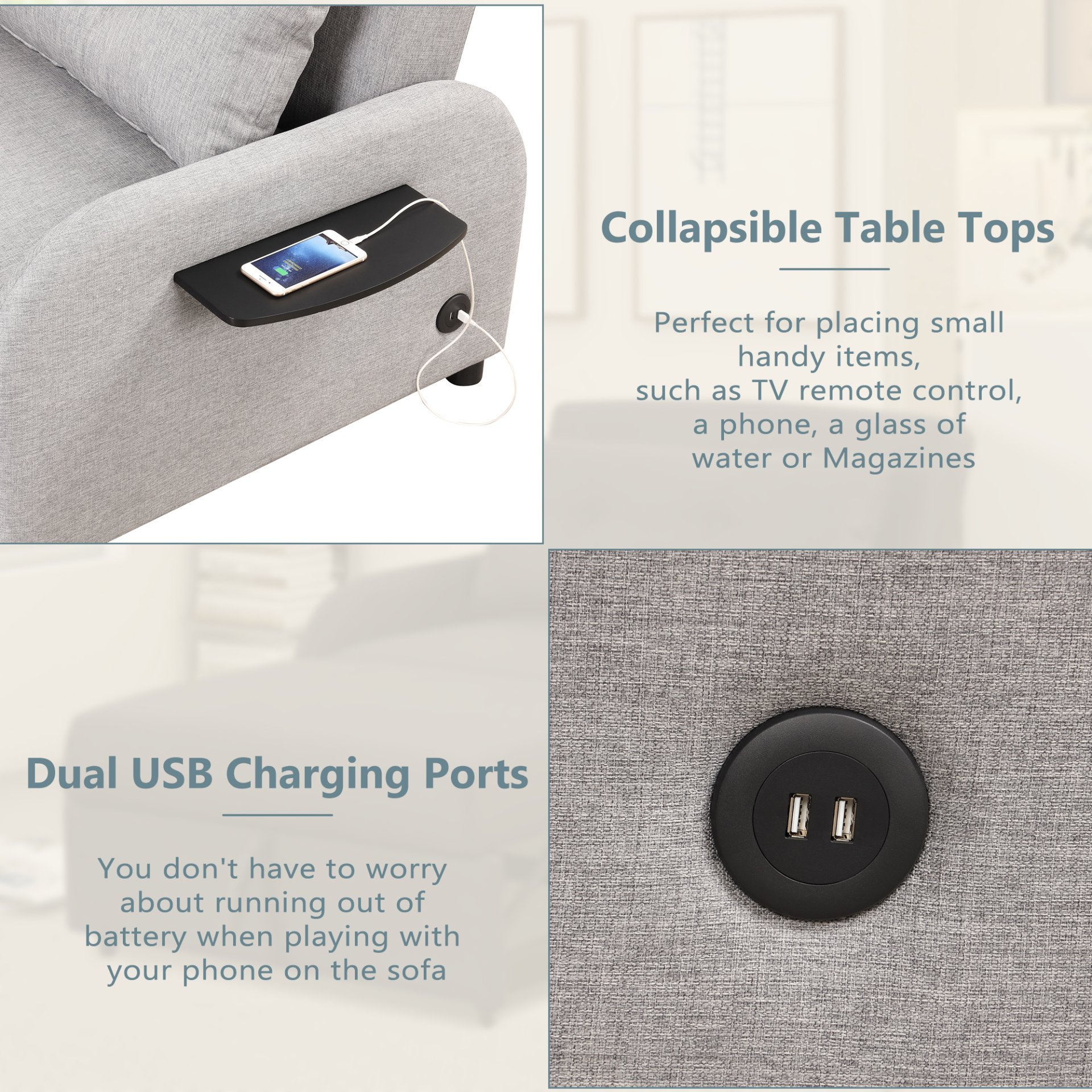 3 In 1 Pull Out Sofa Sleeper With Wing Table And USB Charge - Gray - Image 7