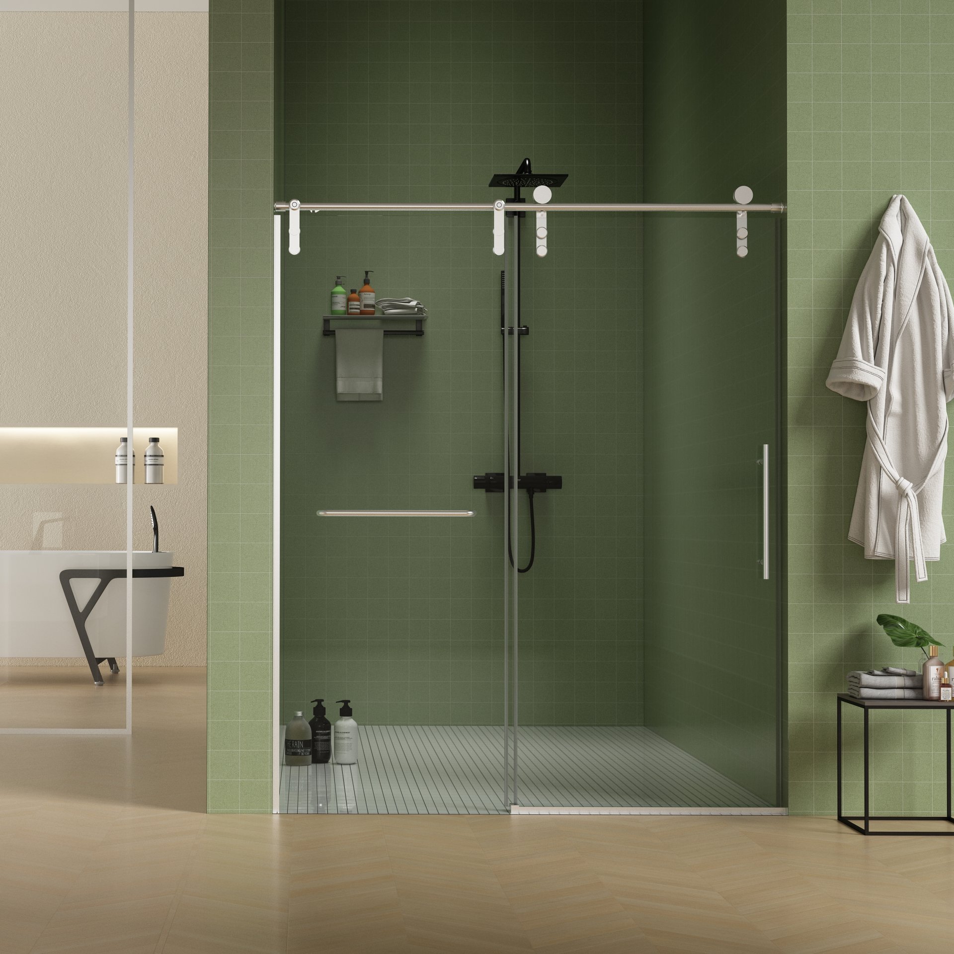 Frameless Shower Door, Sliding Shower Door, Premium 5 / 16" (8Mm) Thick Tempered Glass Shower Enclosure With Towel Bar, Double Side Easy Clean Coat, Finished With Buffer - Brushed Nickel - Image 3