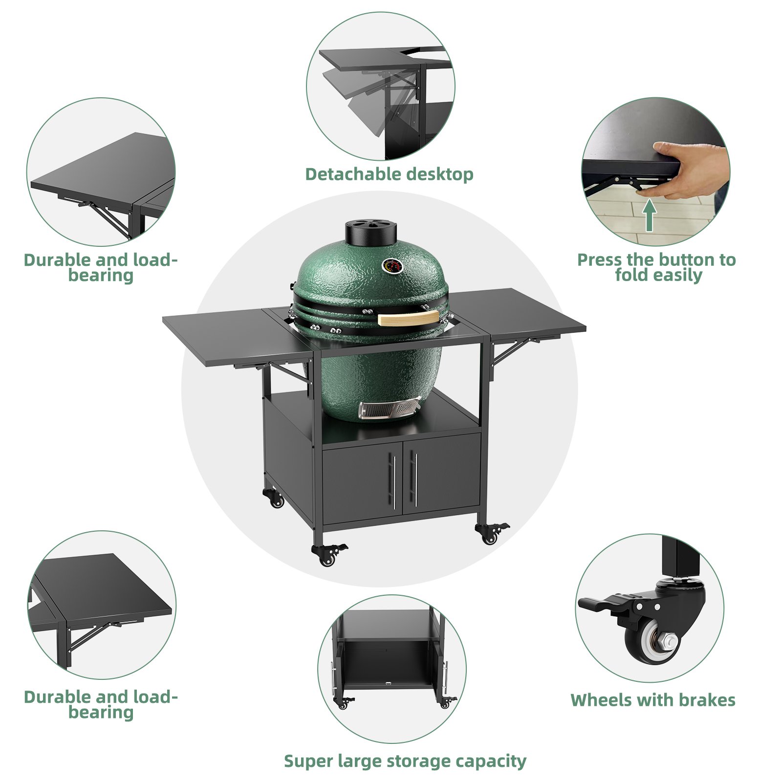 Outdoor Grill Table For Big Egg Style Bbq Metal Grill Cart With 2 Folding Panels Metal - Black - Image 5