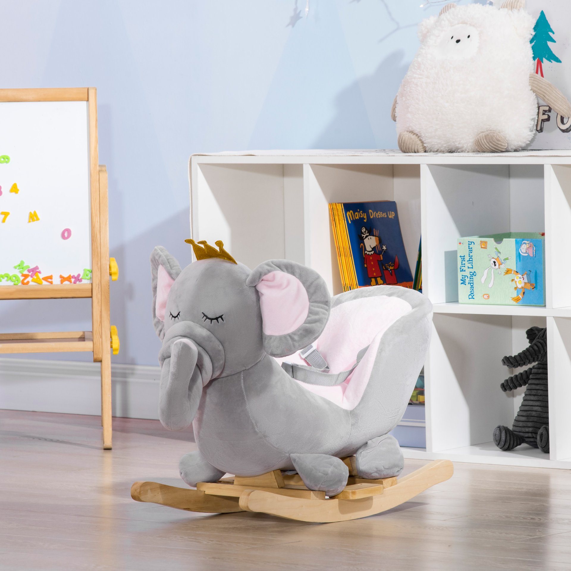 Qaba - Baby Rocking Horse Elephant Rocking Chair Toddler Rocker Toy With Sound Wooden Base Seat Safety Belt For 1.5-3 Year Old - Gray - Image 6