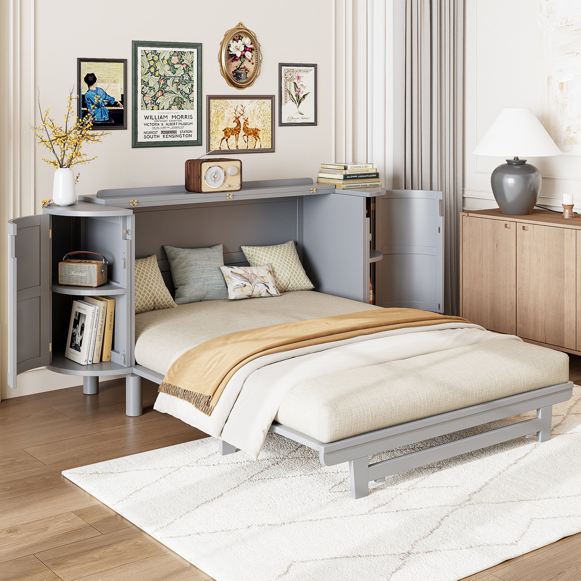 Queen Murphy Bed With Hidden Storage & Modern Woven Design - Gray - Image 2