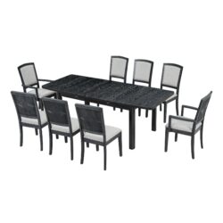 Topmax - Rustic Extendable Dining Table Set With Removable Leaf, 6 Upholstered Armless Dining Chairs And 2 Padded Arm Chairs, 9 Pieces - Black