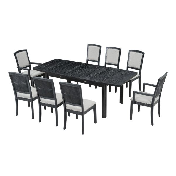 Topmax - Rustic Extendable Dining Table Set With Removable Leaf, 6 Upholstered Armless Dining Chairs And 2 Padded Arm Chairs, 9 Pieces - Black