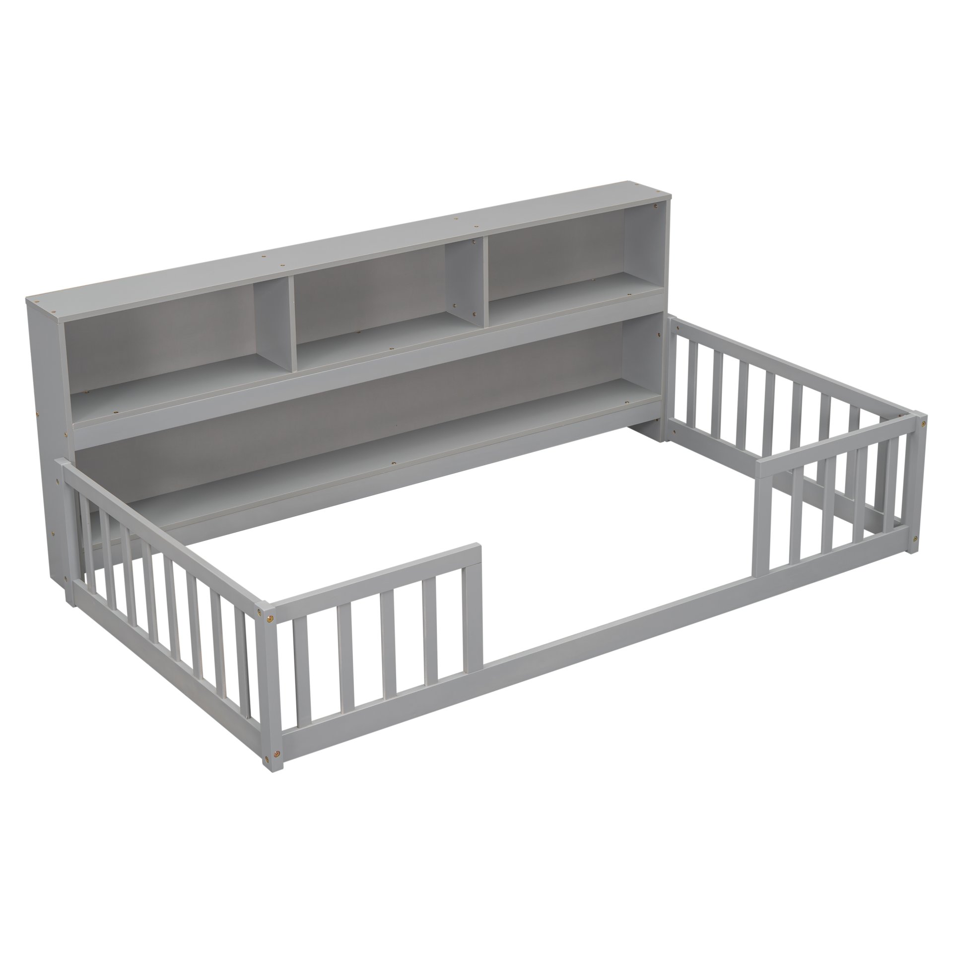 Twin Floor Bed With Bedside Bookcase, Shelves, Guardrails - Gray - Image 6