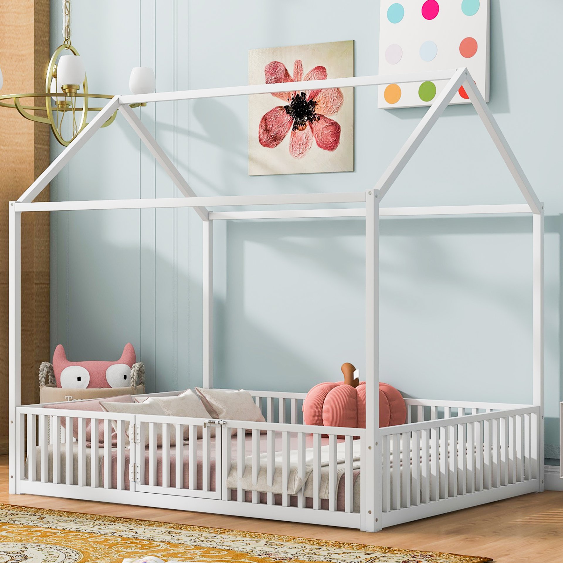 Full Size Metal House Bed With Fence And Door - White - Image 2