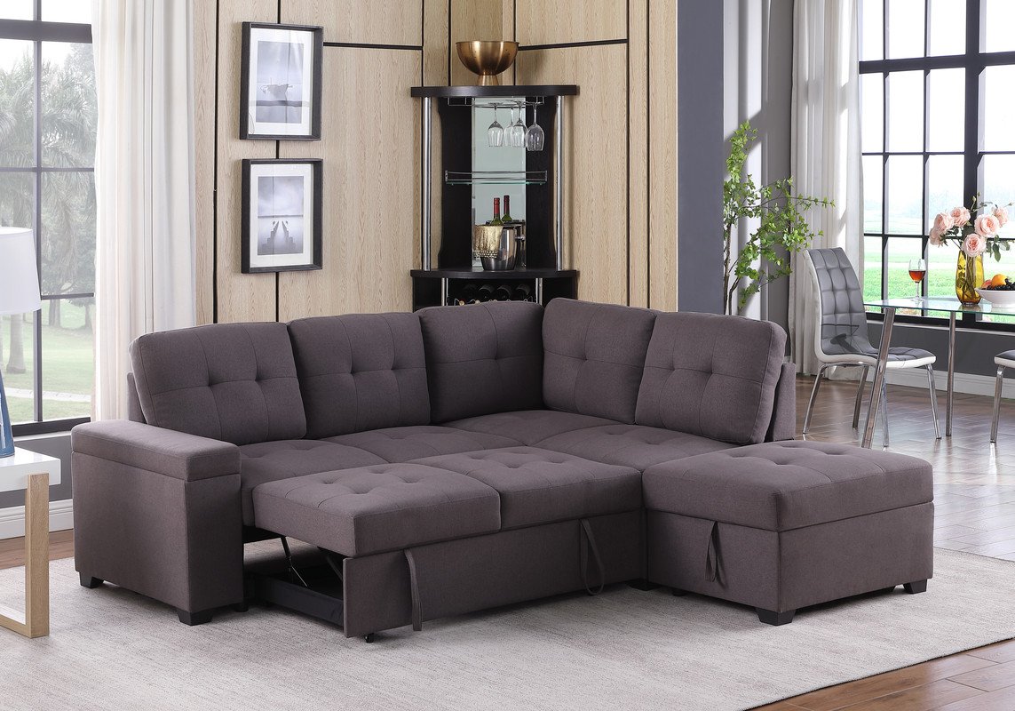 Katie - Linen Sleeper Sectional Sofa With Storage Ottoman, Storage Arm - Brown - Image 3