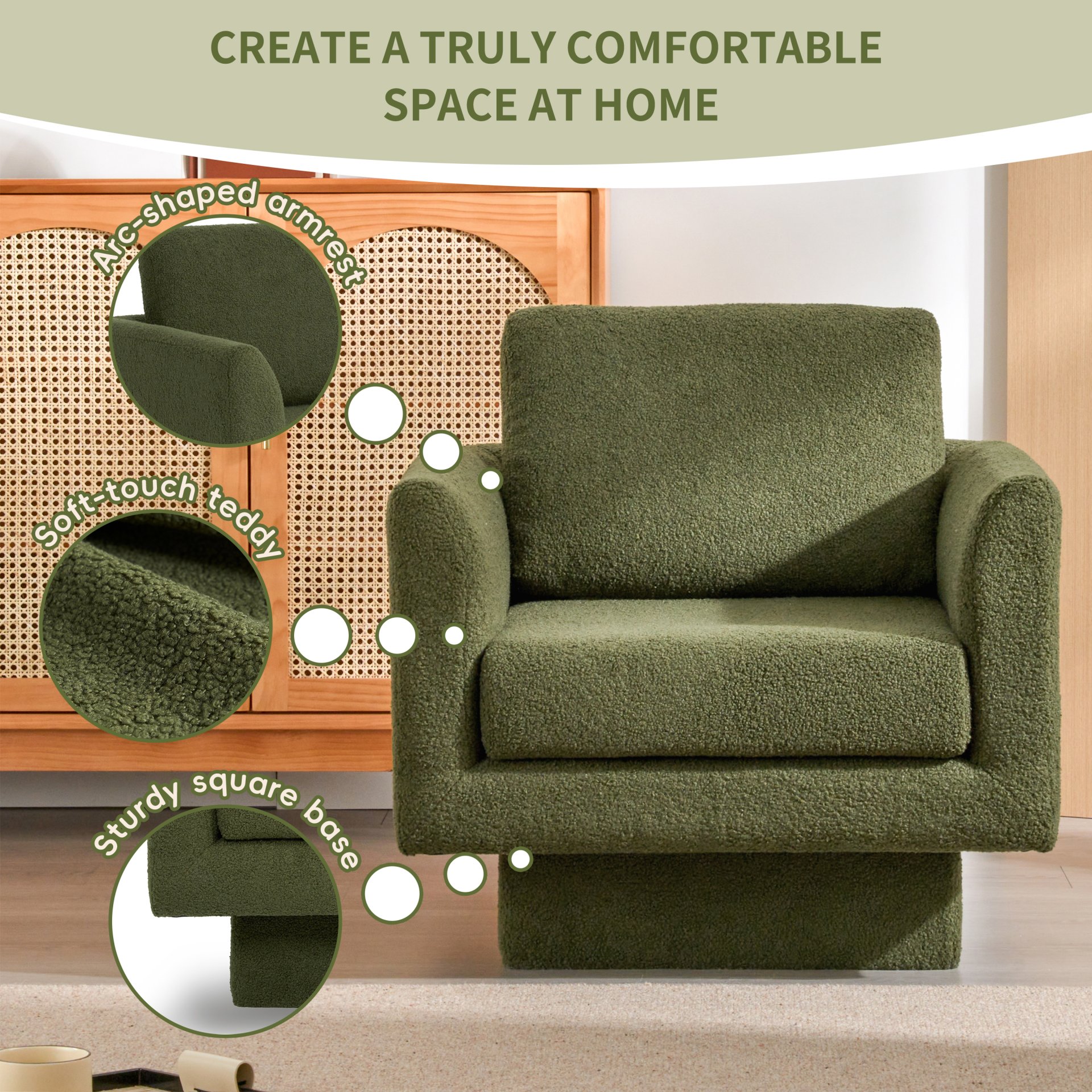 360° Modern Swivel Accent Chair Round Armchair, Thick Padded Single Lounge Sofa Upholstered Comfy - Green - Image 6