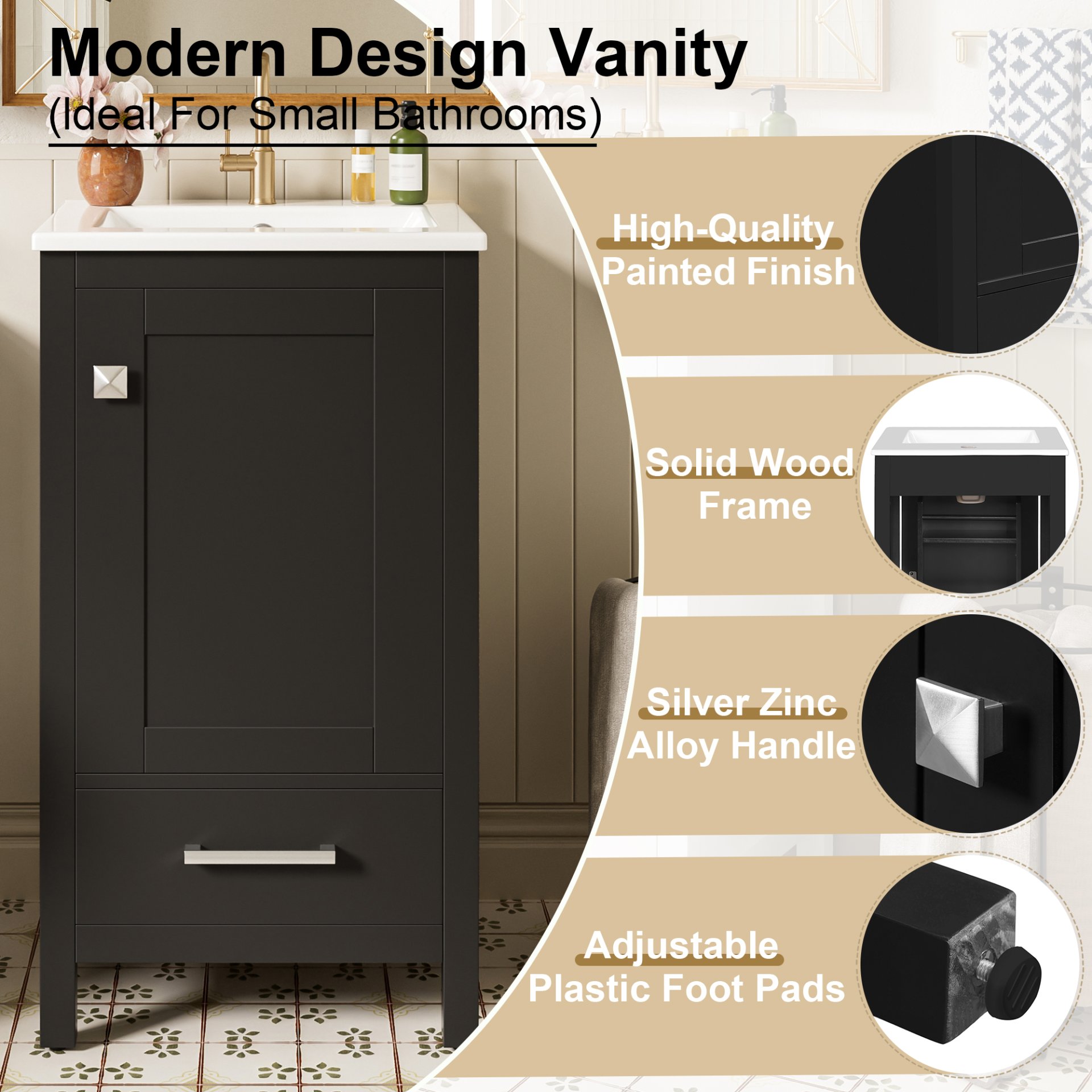 18" Bathroom Vanity With Sink, Soft Close Drawers, Door Organizer, Divider Drawer, Adjustable Foot Pads - Black - Image 6