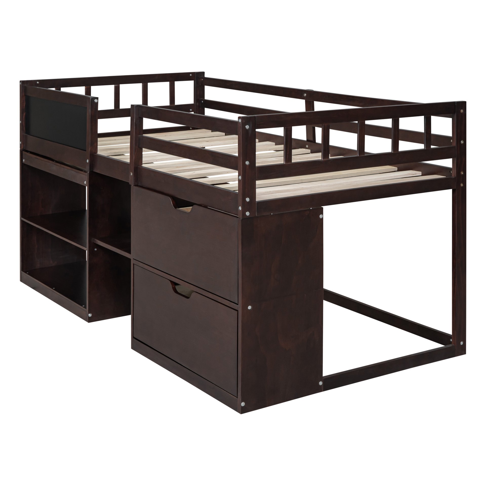 Twin Size Low Loft Bed With Rolling Desk, Shelf And Drawers - Espresso - Image 7