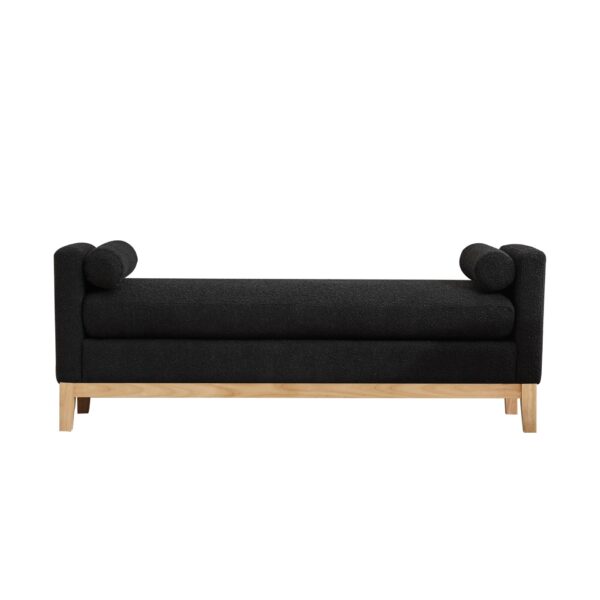 Elegant Upholstered Bench Daybed Ottoman With Nature Wood Legs & Bolster Pillows - Black Boucle