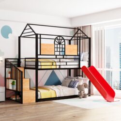 Twin Over Twin Bunk Bed, Housebed With Slide And Storage Stair - Black / Red