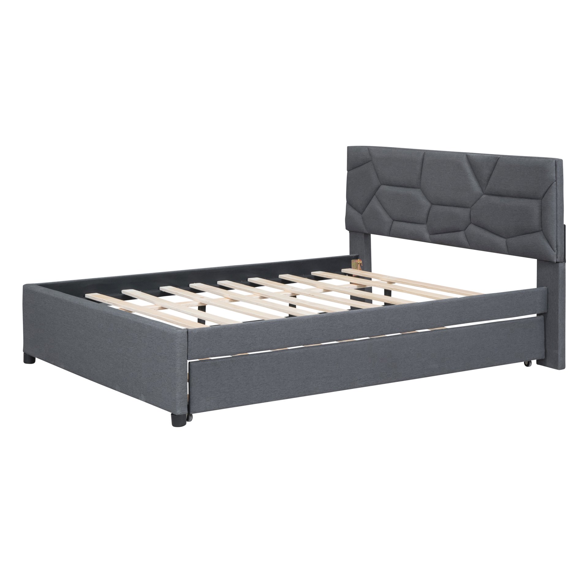 Full Size Upholstered Platform Bed With Brick Pattern Headboard And Twin Size Trundle - Gray - Image 3