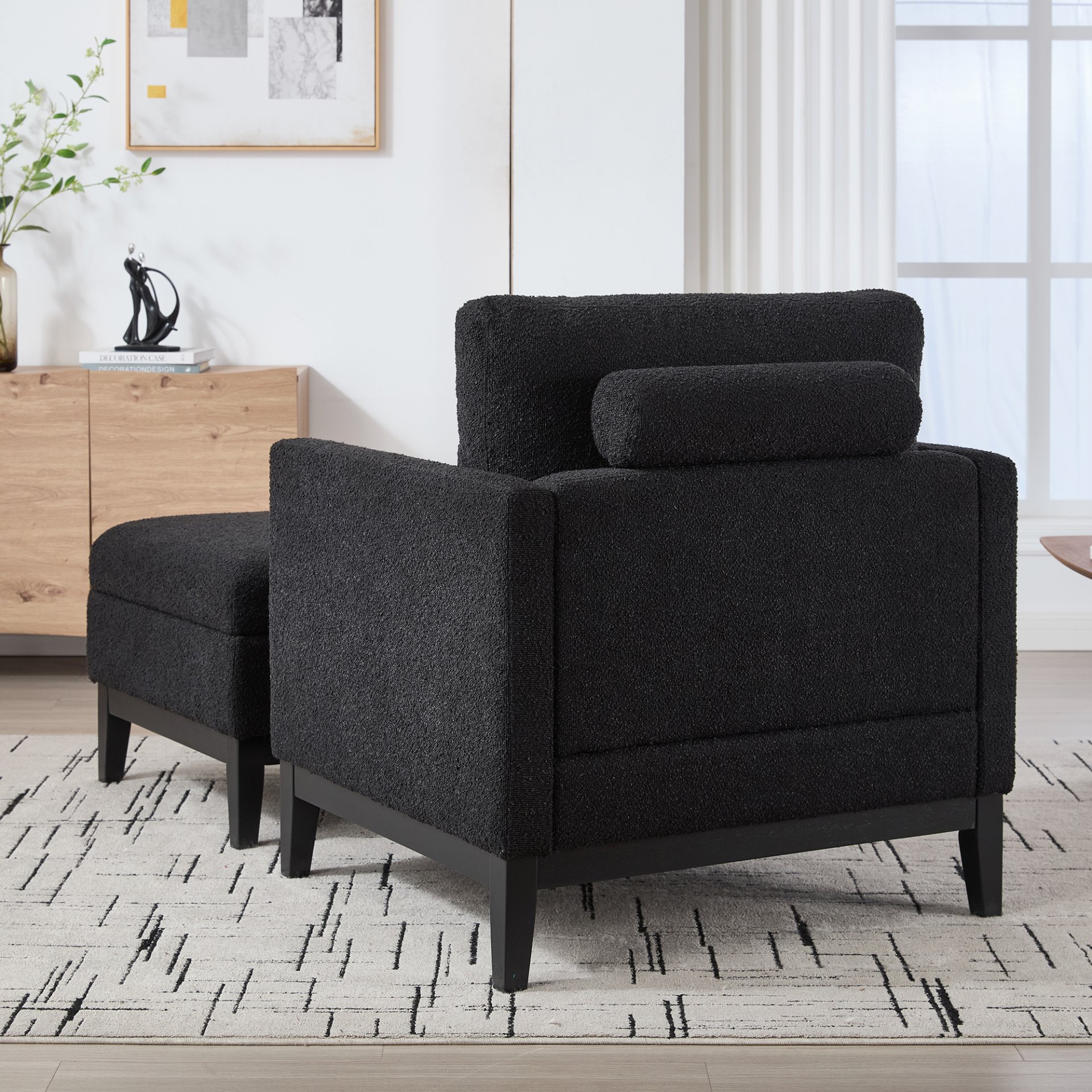 Farmhouse Upholstered Accent Chair With Ottoman Wood Base, Reversible Lid Coffee Table For Living Room Or Office - Black - Image 5