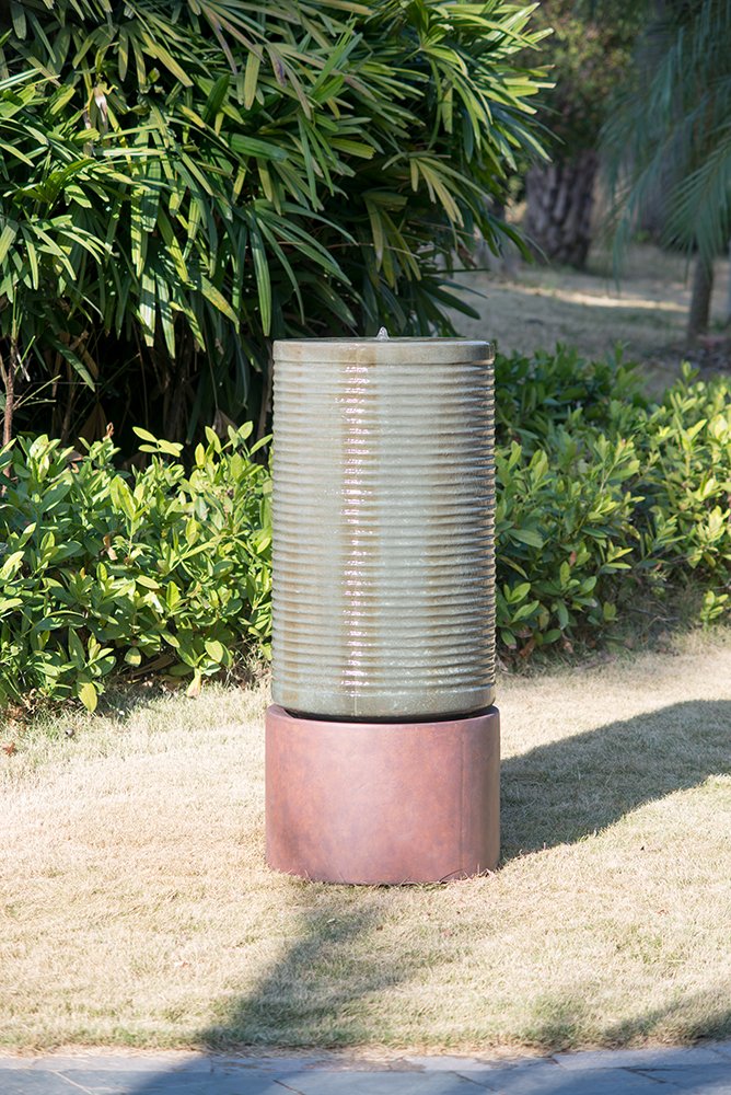 Tall Large Modern Cylinder Ribbed Tower Water Fountain With Rustic Base, Contemporary Antique Green Copper Outdoor Bird Feeder / Bath Cement Fountain - Antique Green - Image 5
